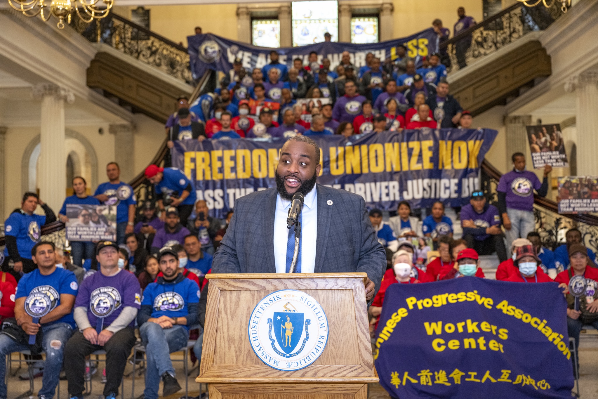 Chris Worrell speaking at Freedom to Unionize rally at the State House